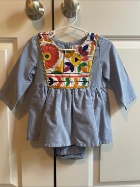 Light Blue Baby Dress with Colorful Floral Embroidered Yoke 12 Months